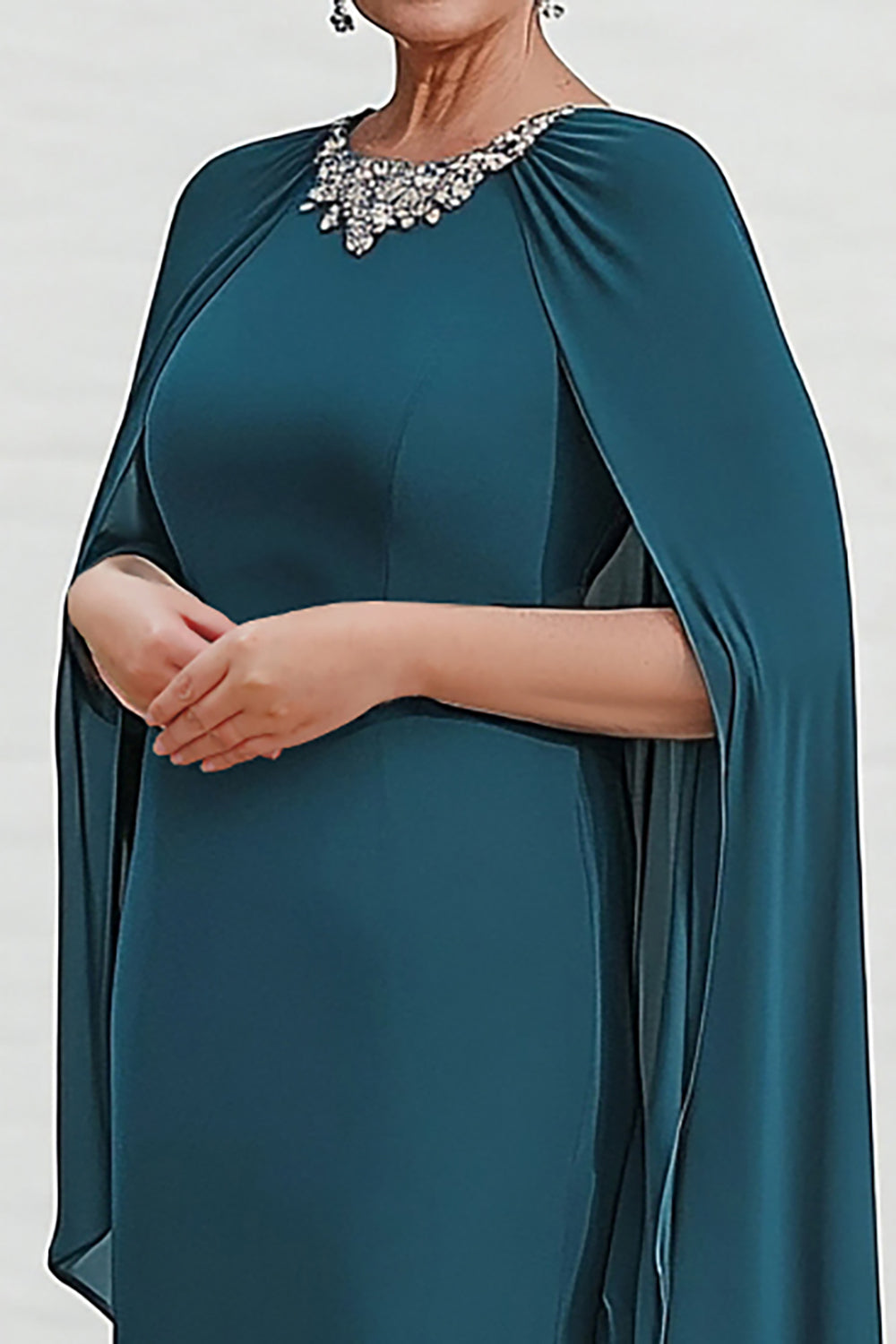 Peacock Sheath Maxi Mother of the Bride Dress with Chiffon Cape