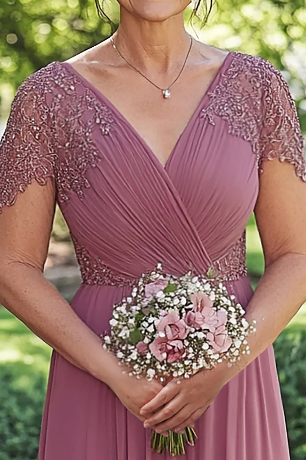 Chiffon A-Line Dusty Rose Cap Sleeves Mother of the Bride Dress