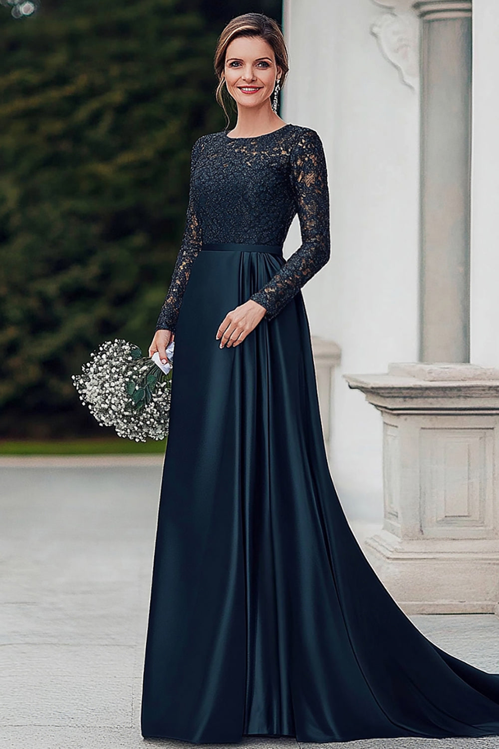 Navy Satin A-Line Mother of the Bride Dress with Lace Applique