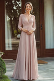 Champagne V-Neck Pleated Chiffon A-Line Mother of the Bride Dress