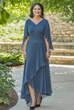 Dusty Blue Flutter Sleeves Chiffon Ruffled Mother of the Bride Dress