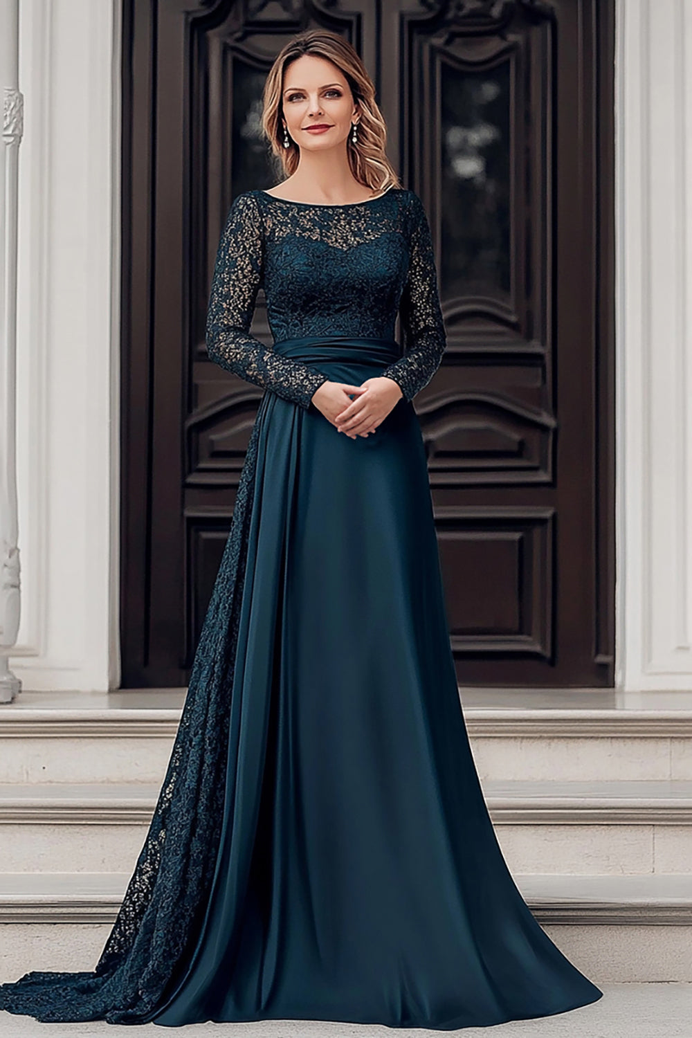Navy A-Line Floor Length Lace Mother of the Bride Dress