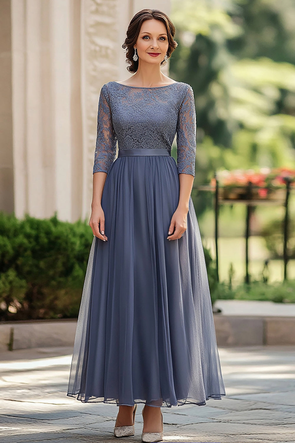 Chiffon A-Line 3/4 Sleeves Applique Dusty Blue Mother of the Bride Dress