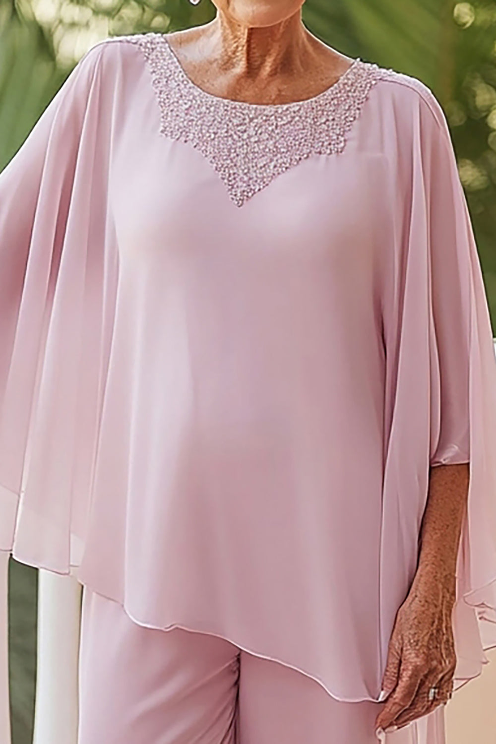 2 Piece Pink Chiffon Mother of the Bride Pantsuit with Cape