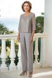 2 Piece Grey Chiffon 3/4 Sleeves Mother of the Bride Pantsuit