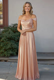 Champagne Off the Shoulder A Line Pleated Mother of the Bride Dress
