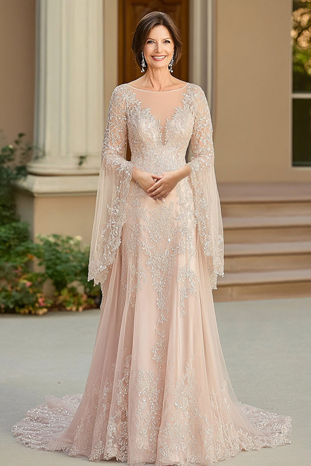 Gorgeous Lace Beige Flowy Glitter A Line Mother of the Bride Dress