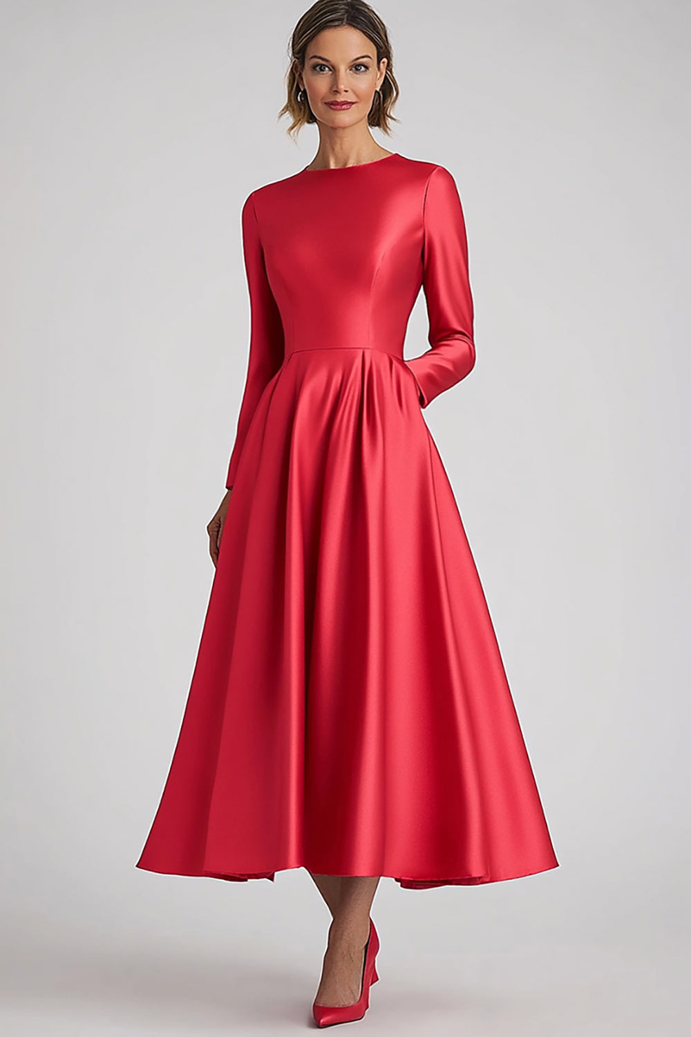 Coral Satin Long Sleeves A Line Tea Length Mother of the Bride Dress