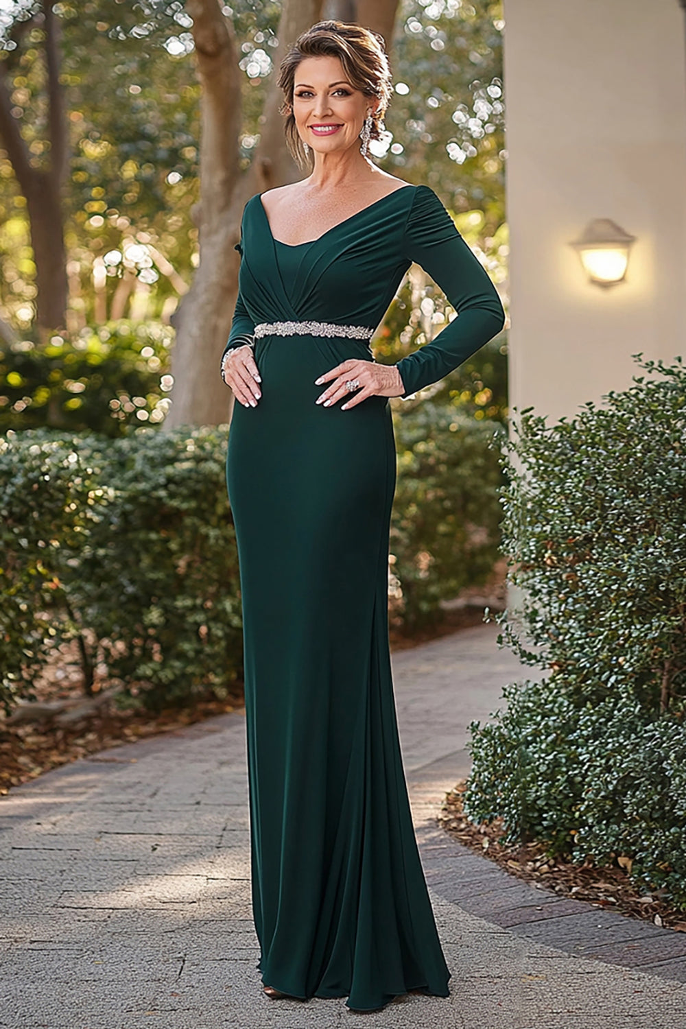 Satin Sheath Dark Green V Neck Mother of the Bride Dress with Beading