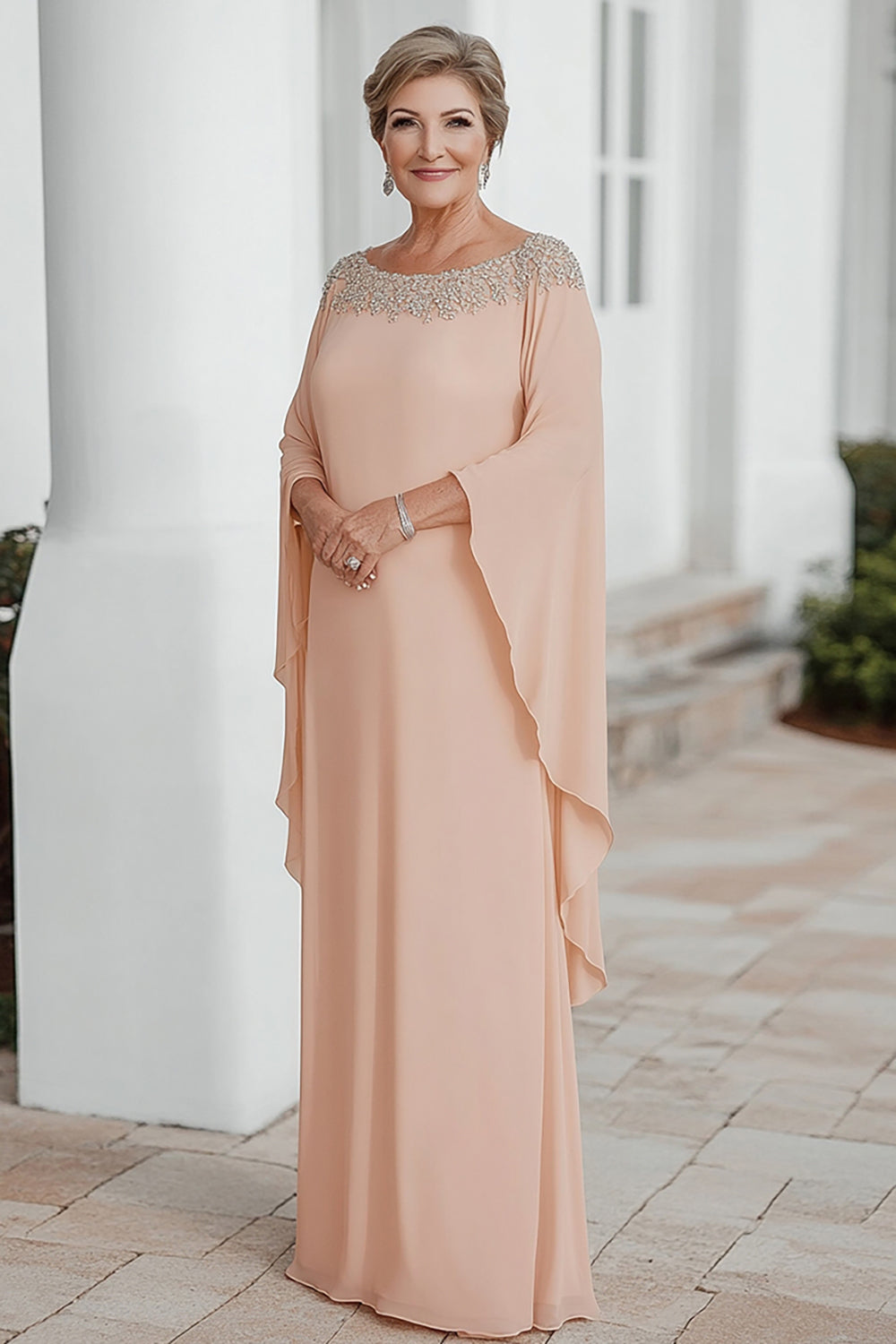 Plus Size Apricot Scoop Chiffon Flutter Sleeves Mother of the Bride Dress
