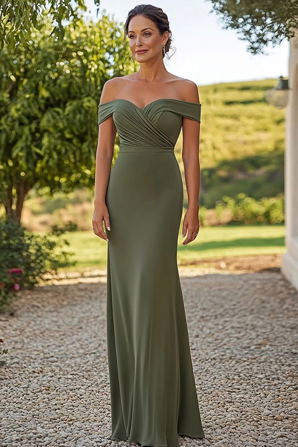 Olive Satin Off the ShoulderPleated Sheath Mother of the Bride Dress