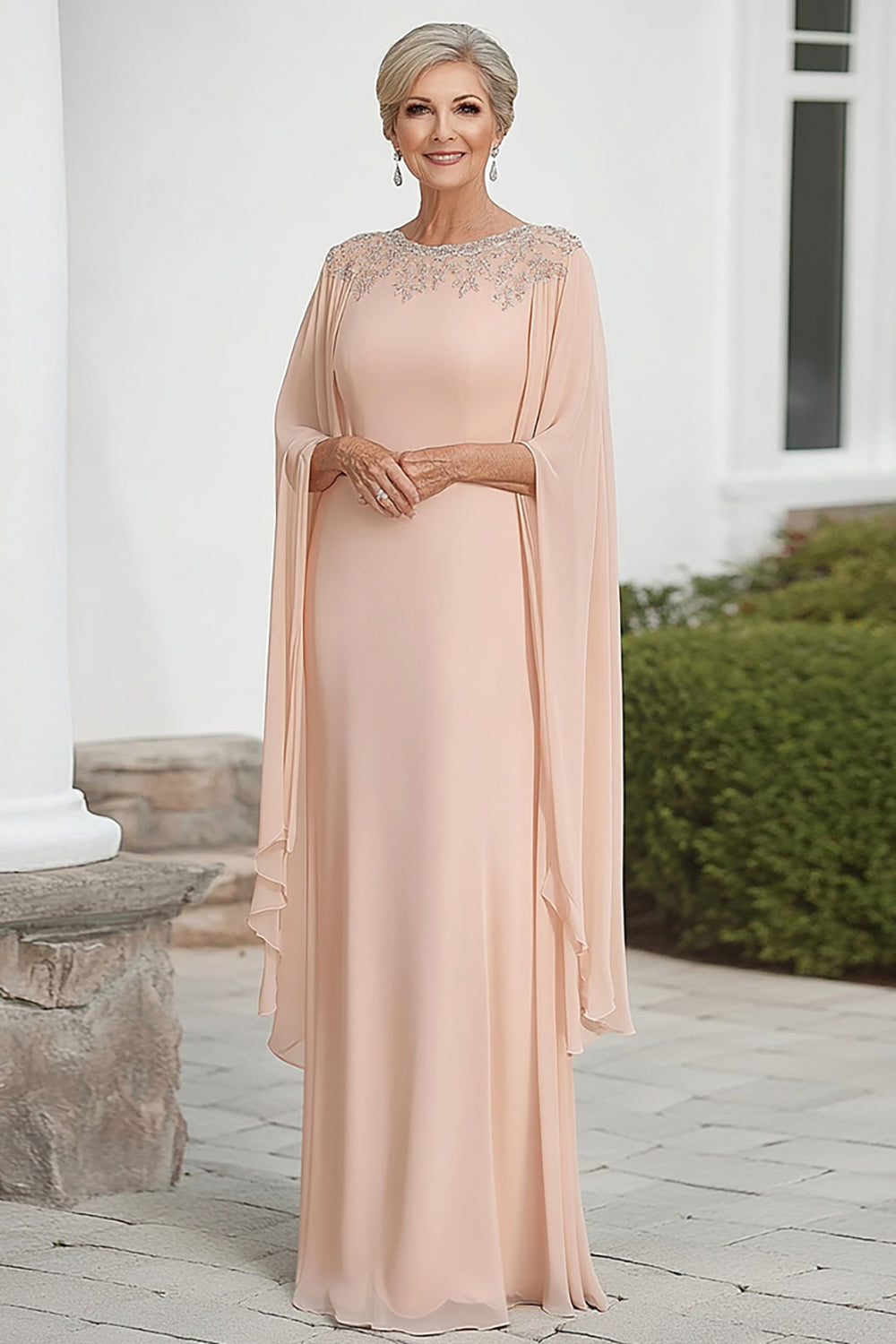 Apricot Column Chiffon Maxi Long Sleeves Mother of the Bride Dress
