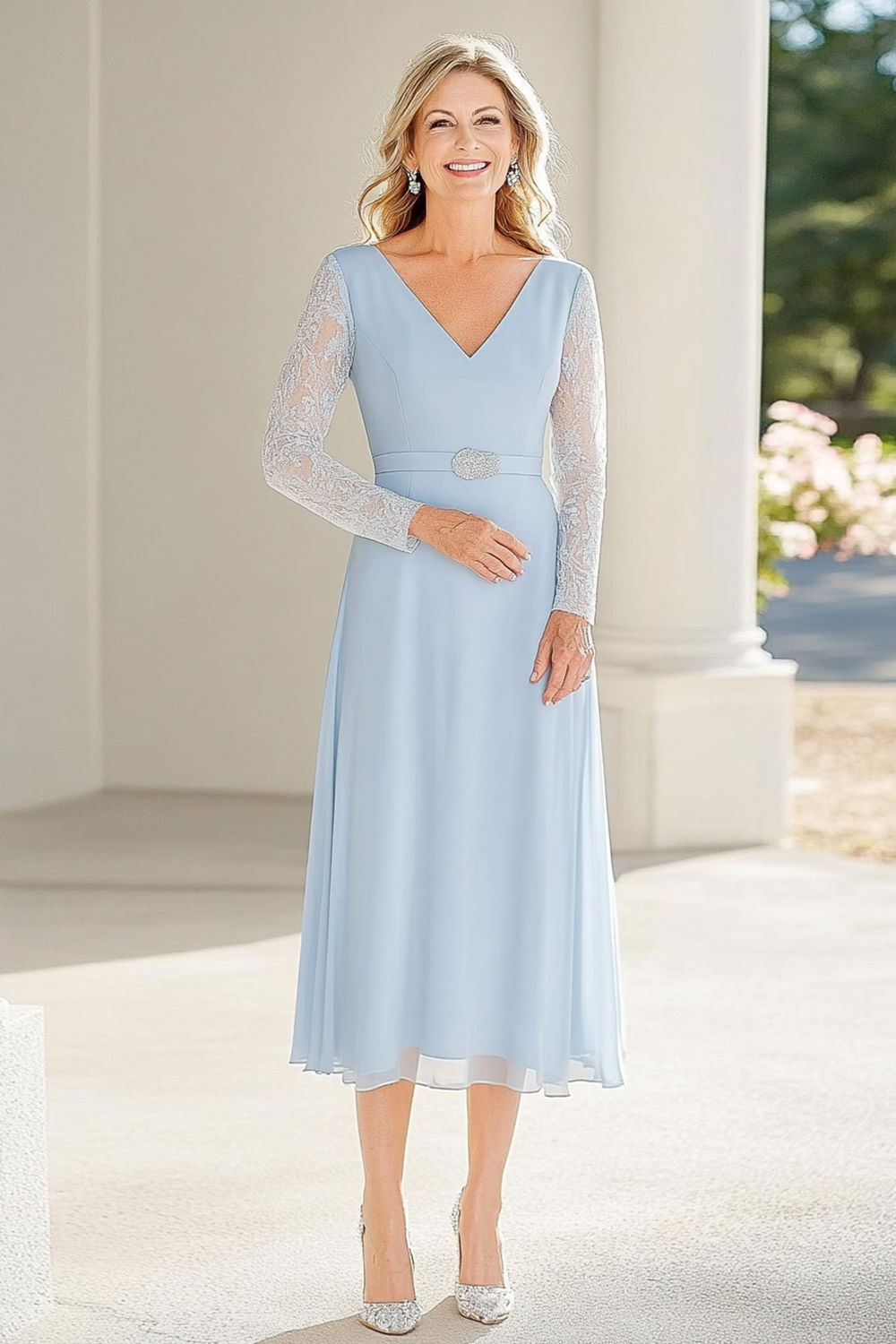 Sky Blue V-Neck Tea Length Mother of the Bride Dress with Lace Sleeves