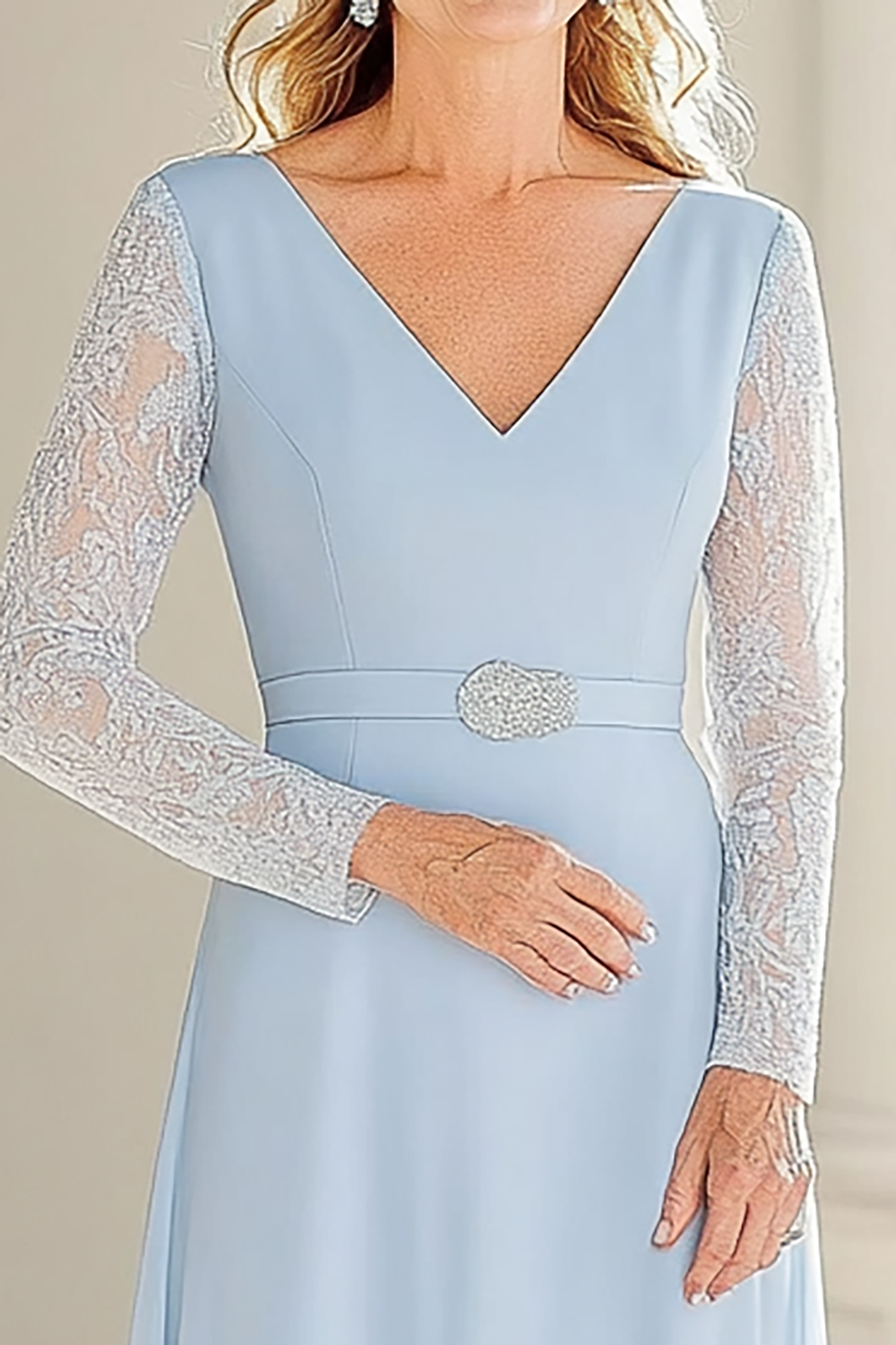 Sky Blue V-Neck Tea Length Mother of the Bride Dress with Lace Sleeves
