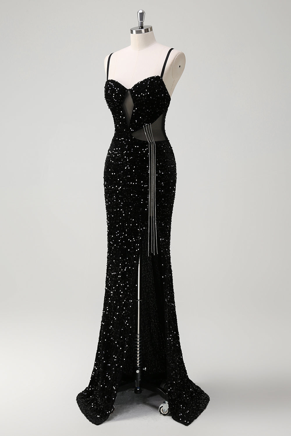 Sparkly Black Corset Mermaid Tassel Sequined Formal Dress with Slit