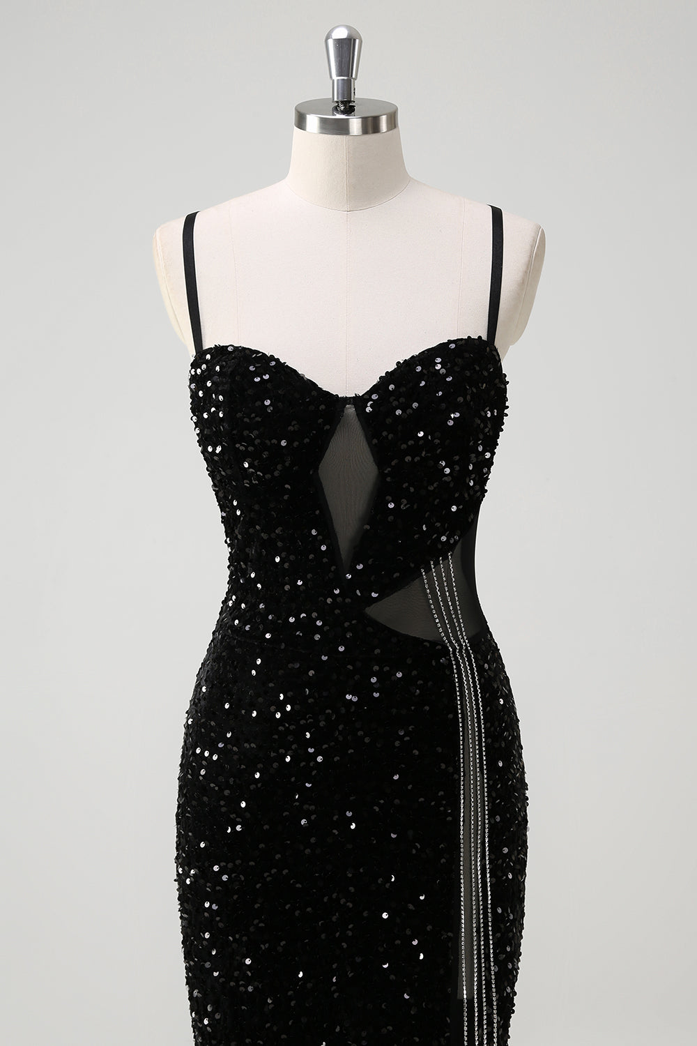 Sparkly Black Corset Mermaid Tassel Sequined Formal Dress with Slit