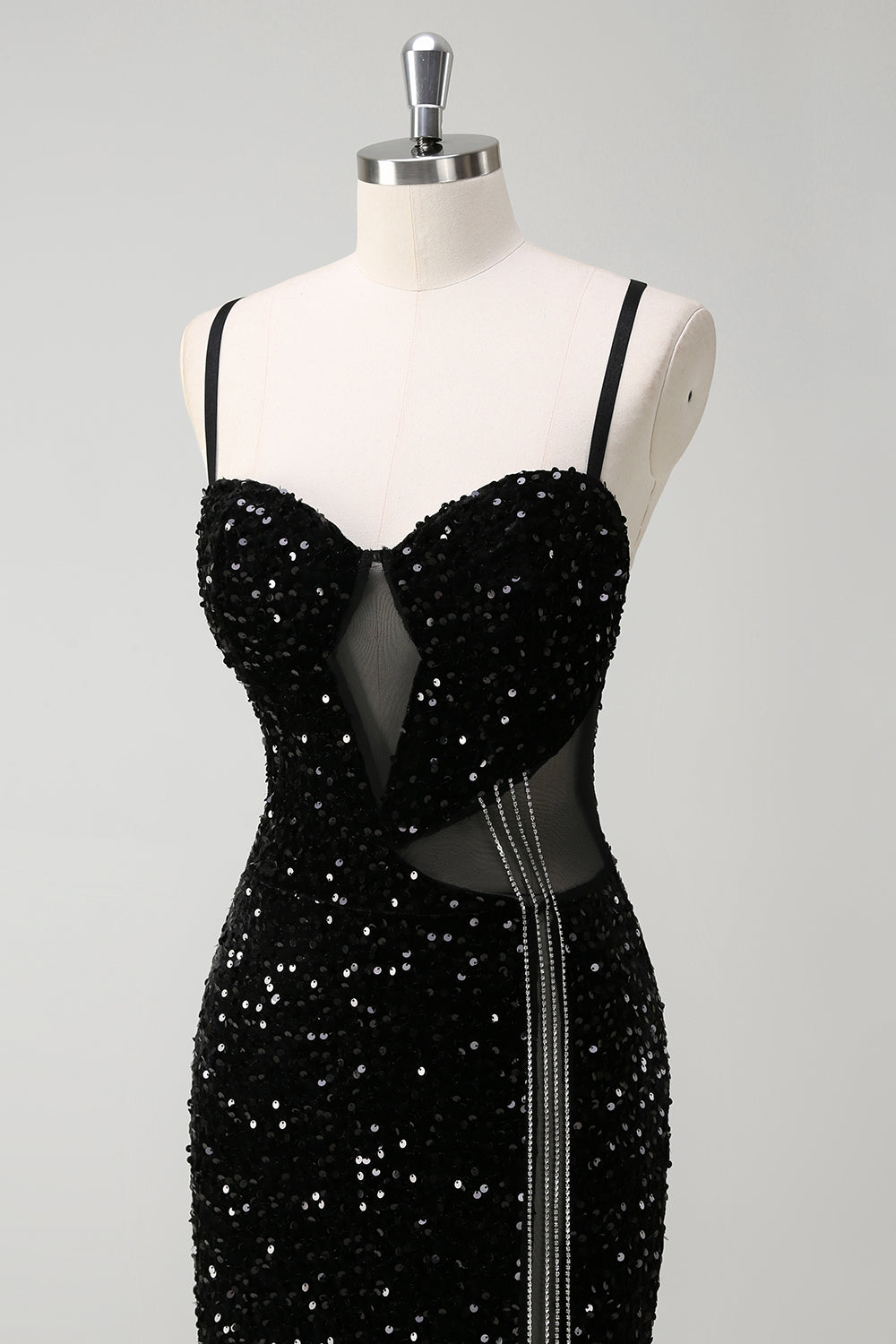 Sparkly Black Corset Mermaid Tassel Sequined Formal Dress with Slit