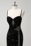 Sparkly Black Corset Mermaid Tassel Sequined Formal Dress with Slit