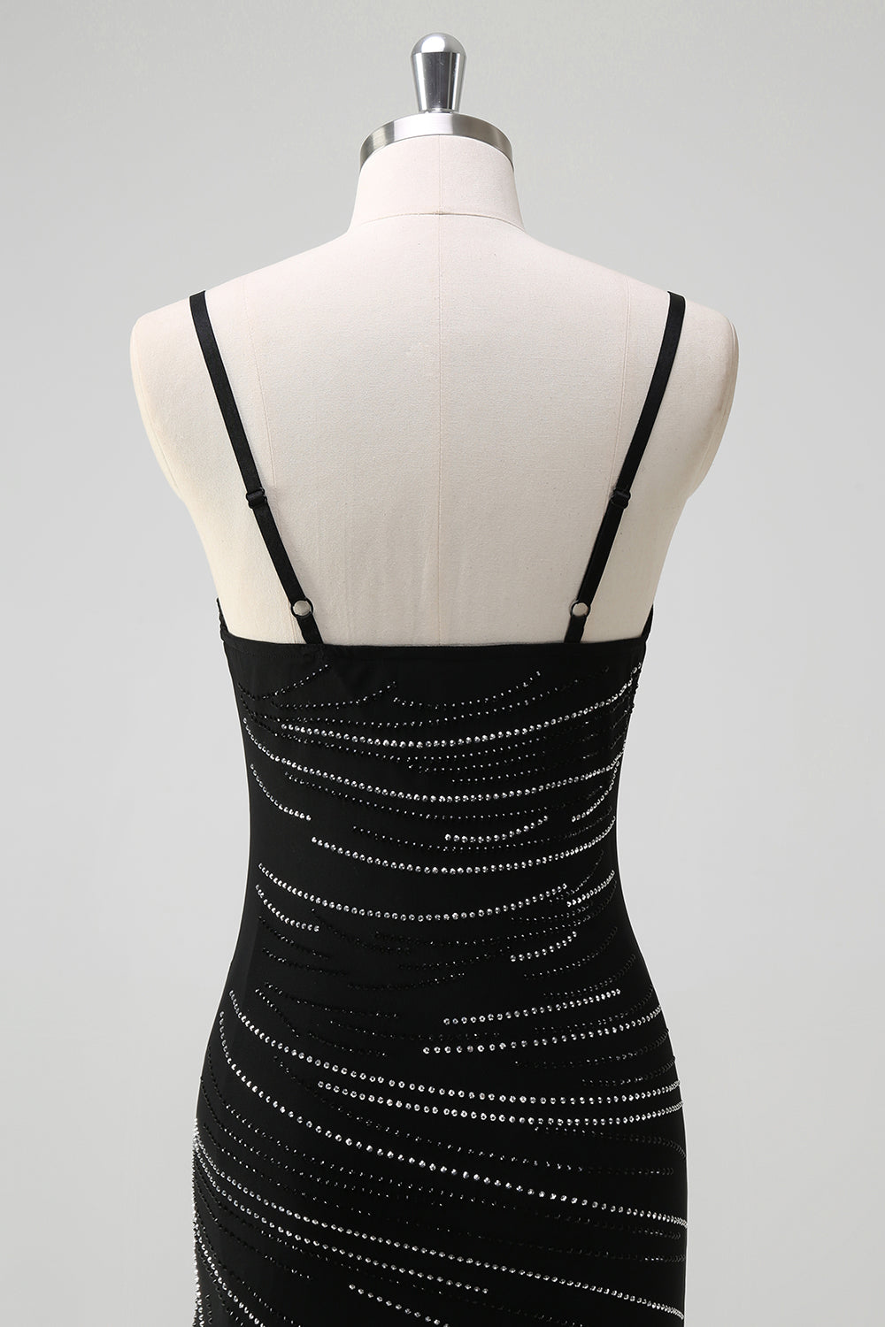 Black Spaghetti Straps Beaded Sheath Formal Dress with Slit