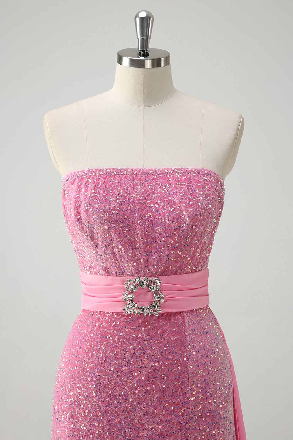Pink Strapless Sequined Side Cape Column Prom Dress with Slit