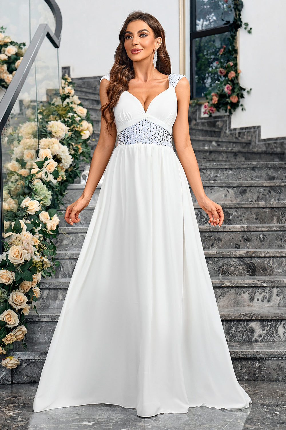White A Line Spaghetti Straps Sequin Long Wedding Dress