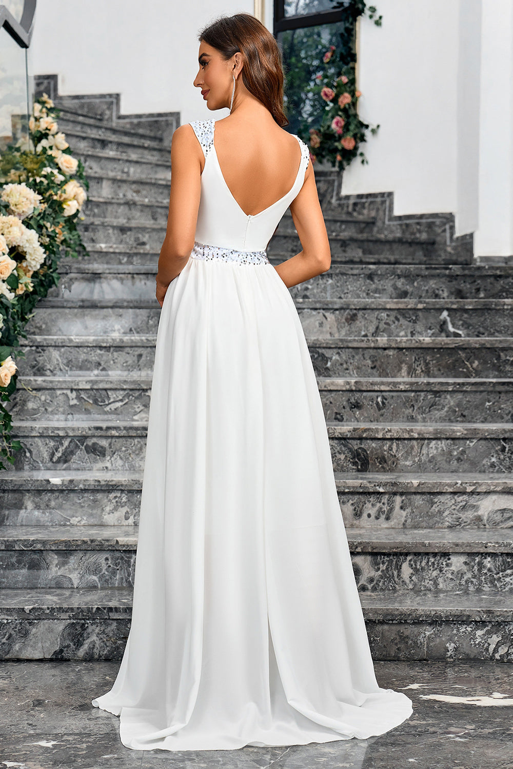 White A Line Spaghetti Straps Sequin Long Wedding Dress