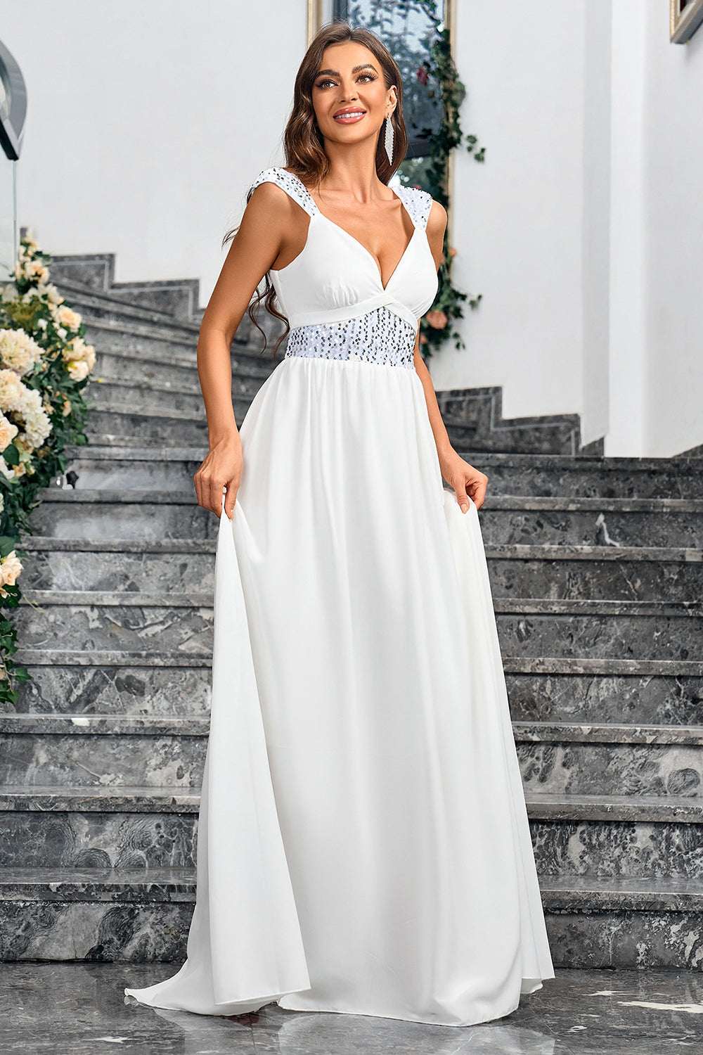 White A Line Spaghetti Straps Sequin Long Wedding Dress