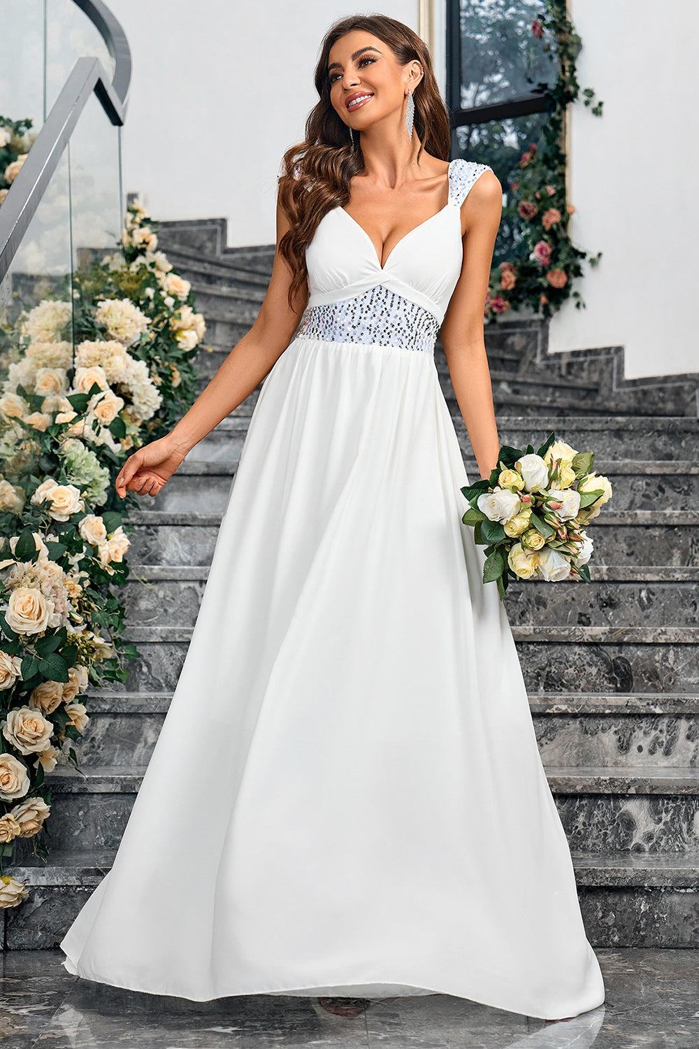 White A Line Spaghetti Straps Sequin Long Wedding Dress
