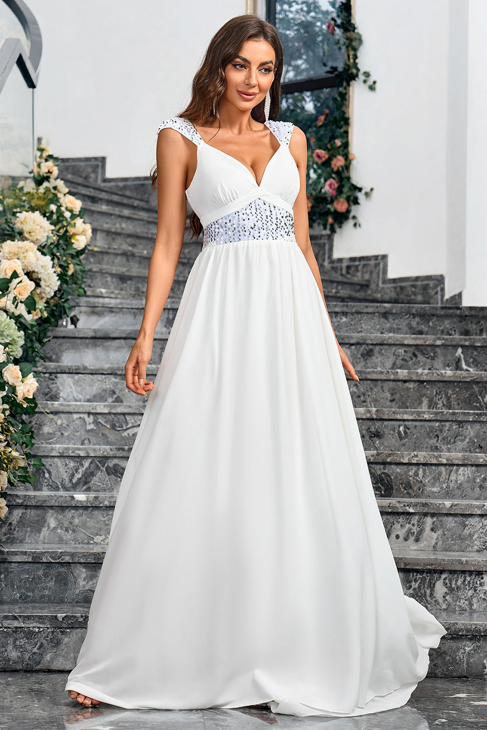 White A Line Spaghetti Straps Sequin Long Wedding Dress