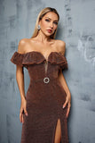 Glitter Coffee Off the Shoulder Ruffled Sheath Formal Dress with Slit