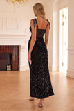 Black Mermaid Corset Spaghetti Straps Sequin Long Prom Dress with Slit