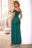 Dark Green Off The Shoulder Streamer Long Wedding Guest Dress With Slit