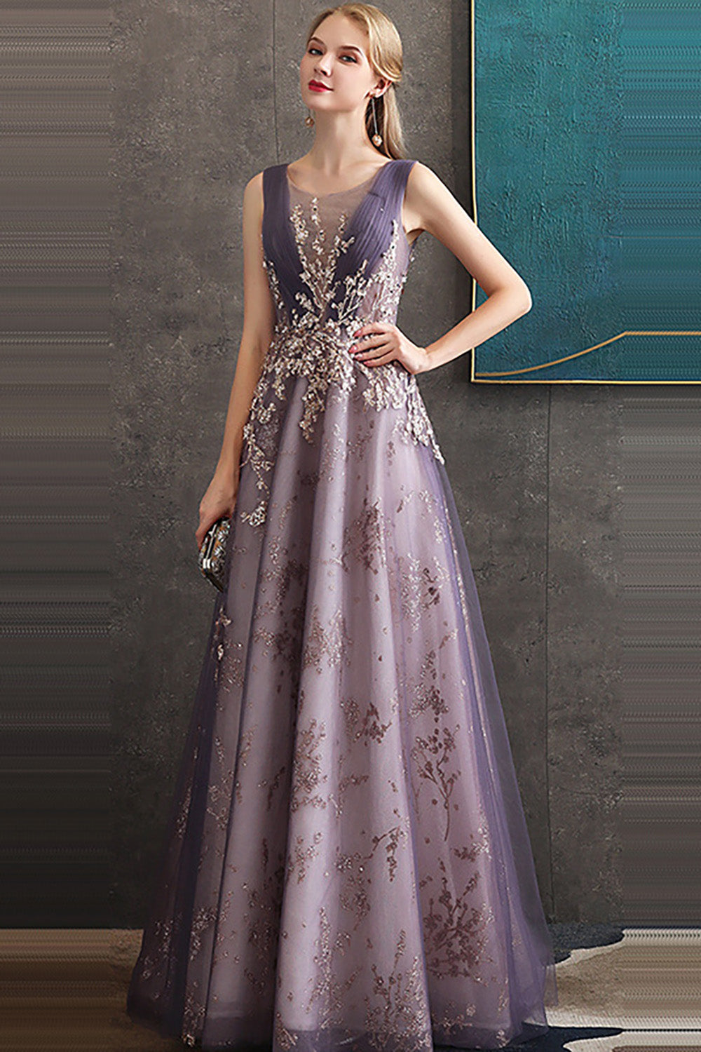 Sparkly Purple A Line Sleeveless Tulle Long Prom Dress