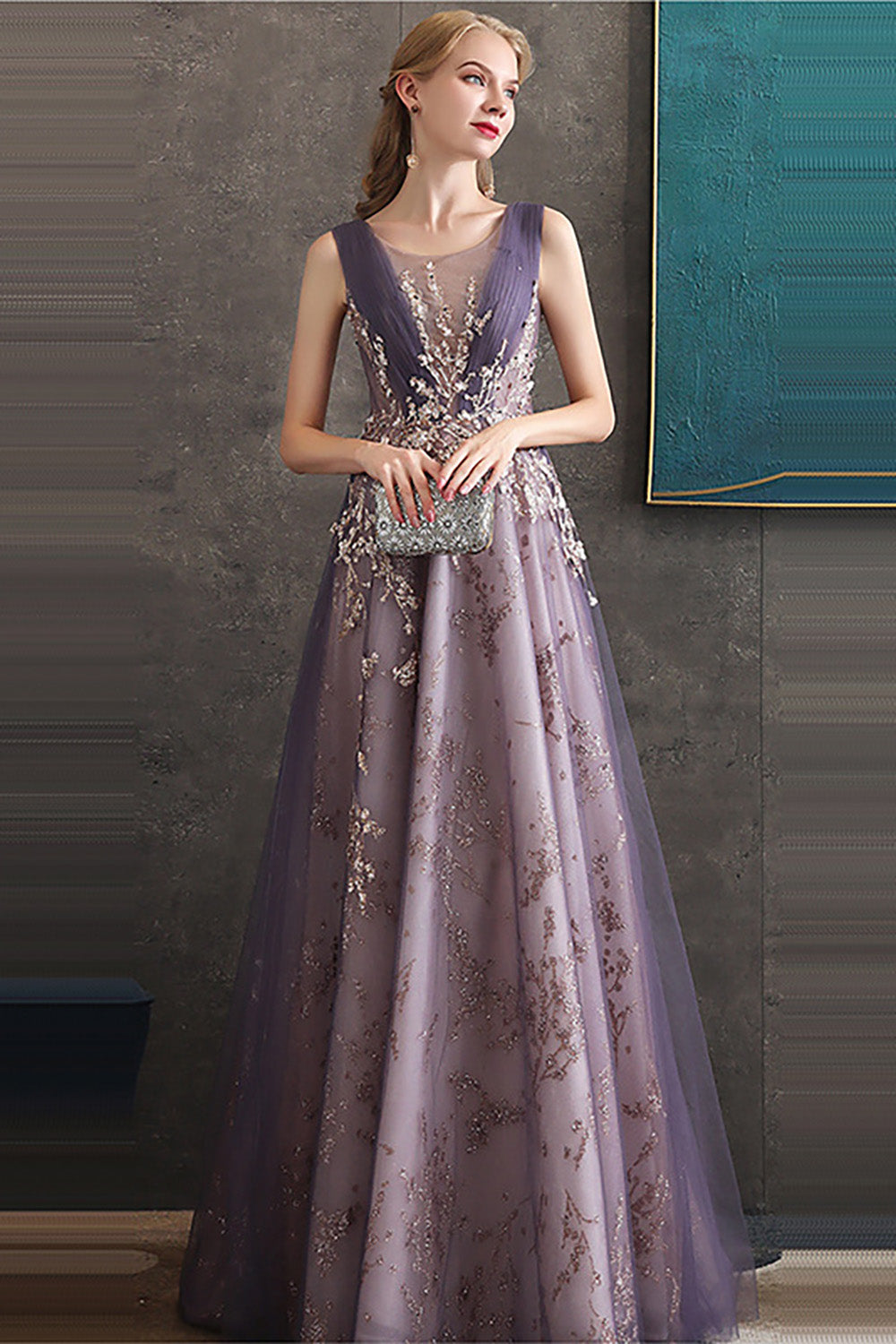 Sparkly Purple A Line Sleeveless Tulle Long Prom Dress