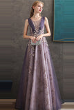 Sparkly Purple A Line Sleeveless Tulle Long Prom Dress