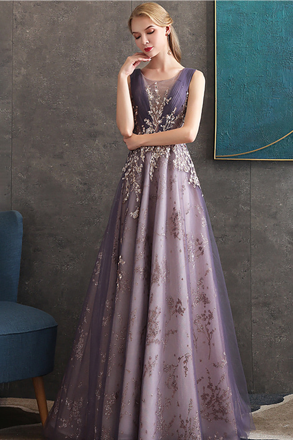 Sparkly Purple A Line Sleeveless Tulle Long Prom Dress