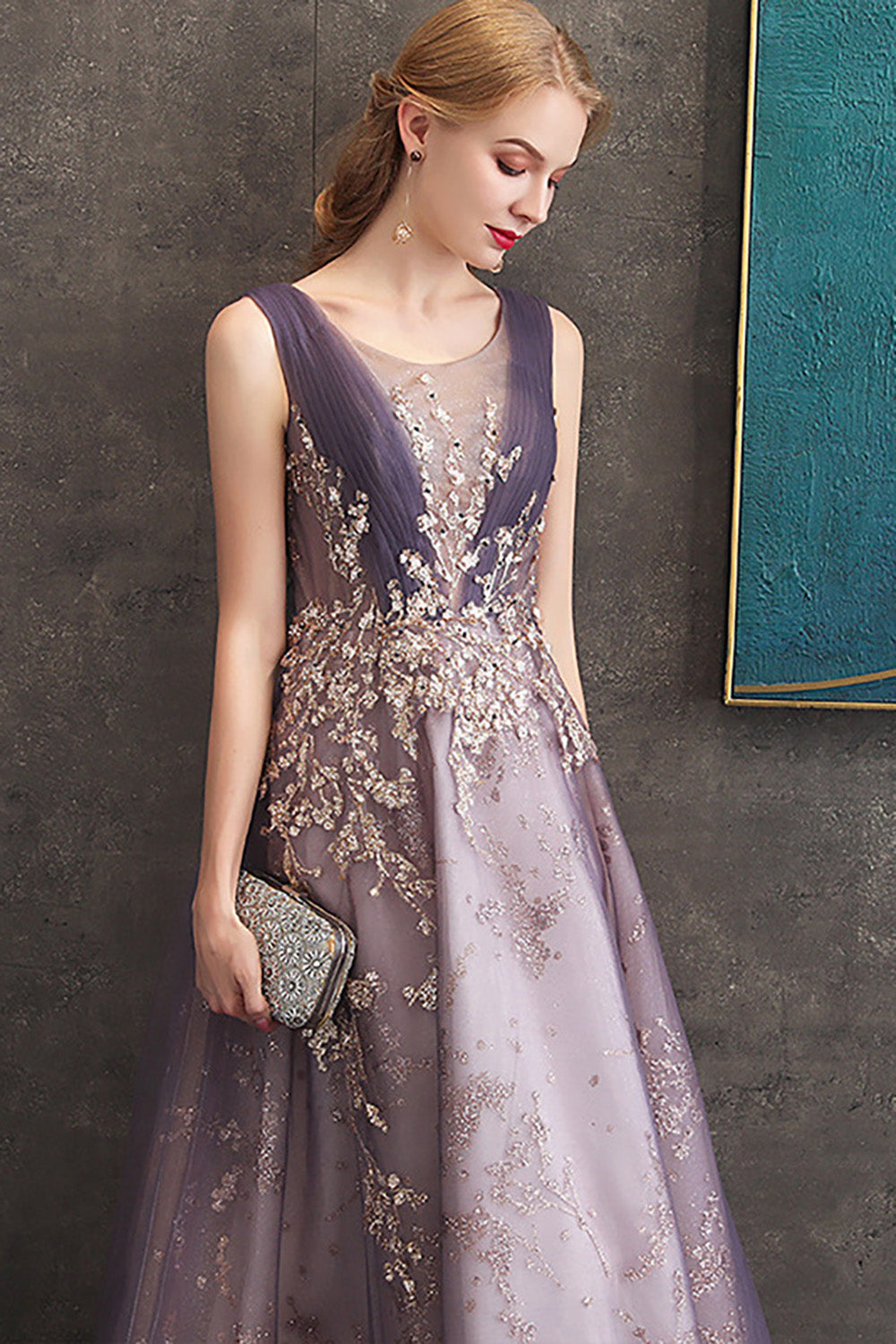 Sparkly Purple A Line Sleeveless Tulle Long Prom Dress
