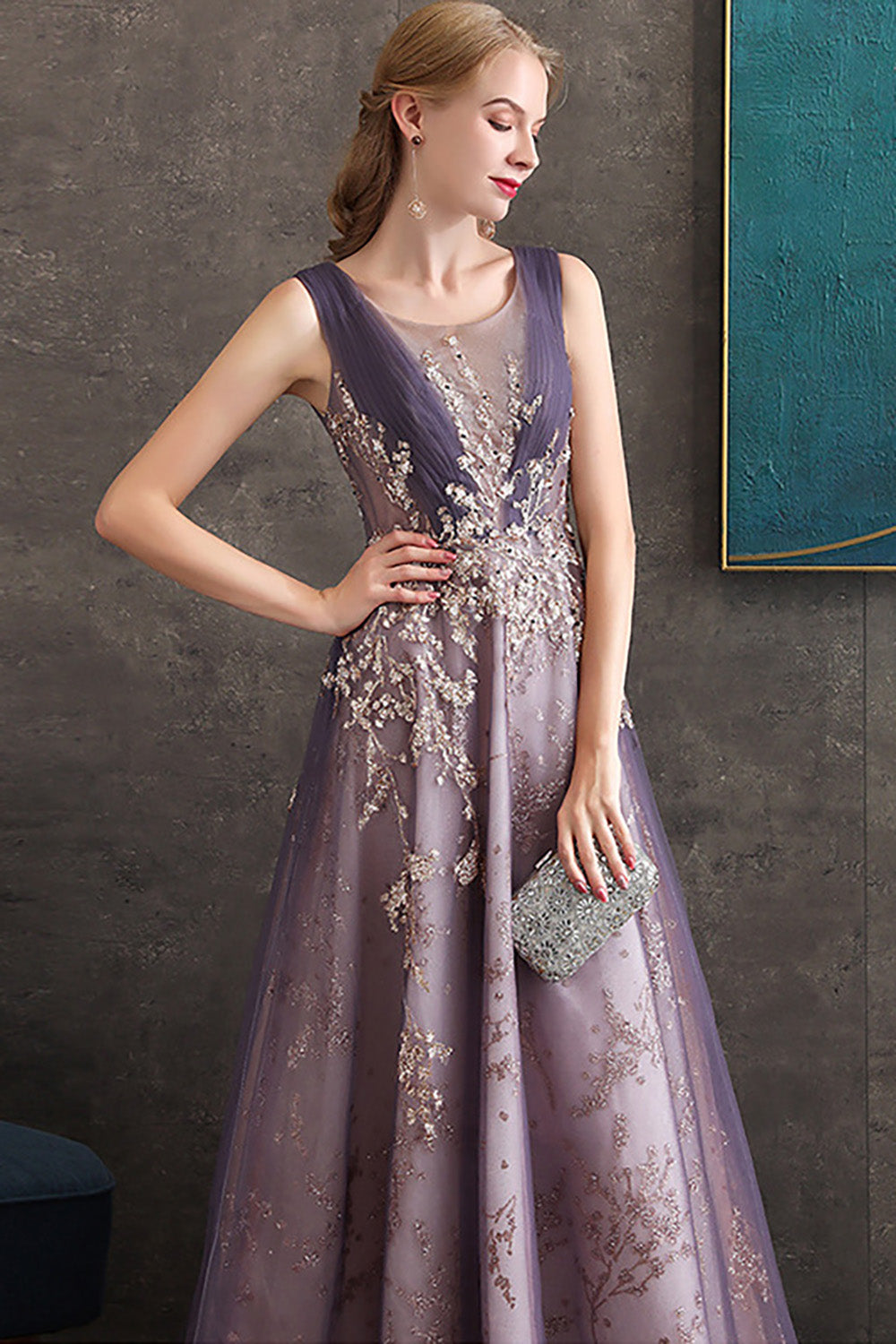 Sparkly Purple A Line Sleeveless Tulle Long Prom Dress