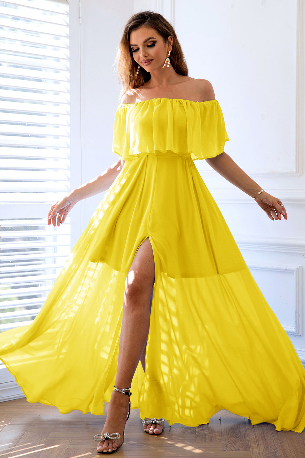Yellow A-Line Off the Shoulder Ruffle Long Wedding Guest Dress with Slit