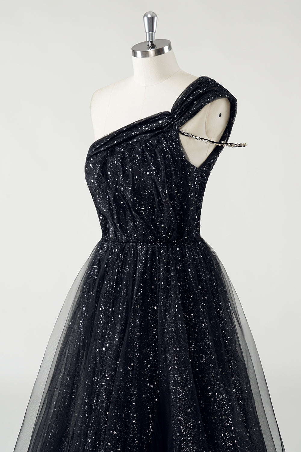 Sparkly One Shoulder A-Line Floor Length Prom Dress with Slit