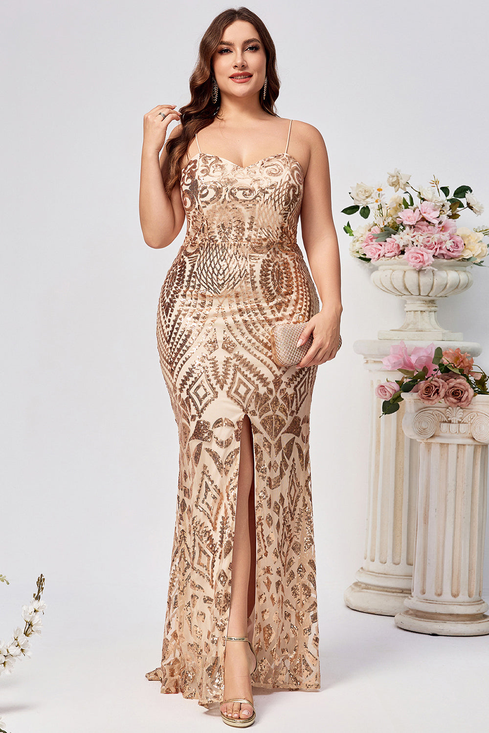 Sparkly Plus Size Golden Mermaid Sequin Embroidered Formal Dress with Slit
