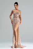 Apricot Mermaid Strapless Sequined Split Gala Dress