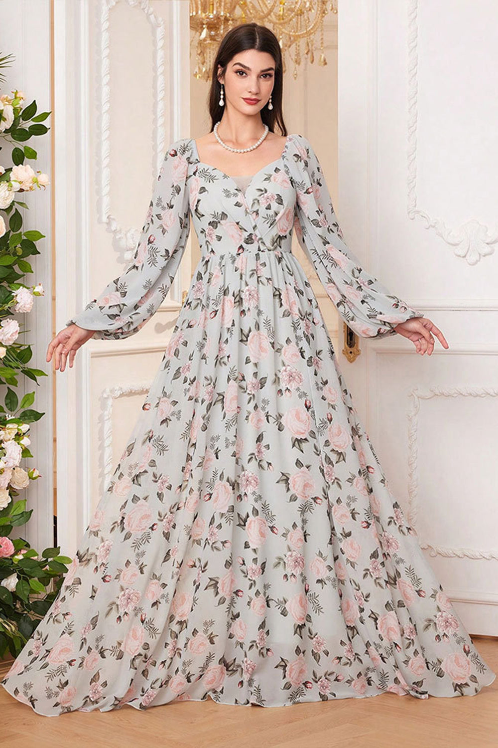 A Line Green Floral Printed Long Sleeves Wedding Guest Dress