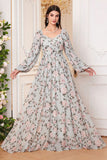 A Line Green Floral Printed Long Sleeves Wedding Guest Dress