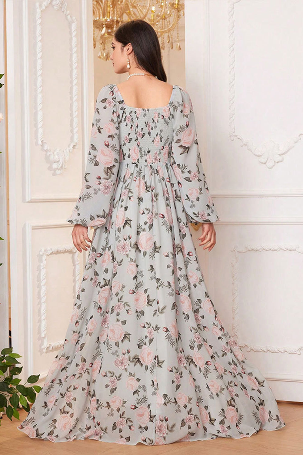 A Line Green Floral Printed Long Sleeves Wedding Guest Dress