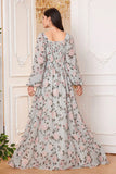 A Line Green Floral Printed Long Sleeves Wedding Guest Dress