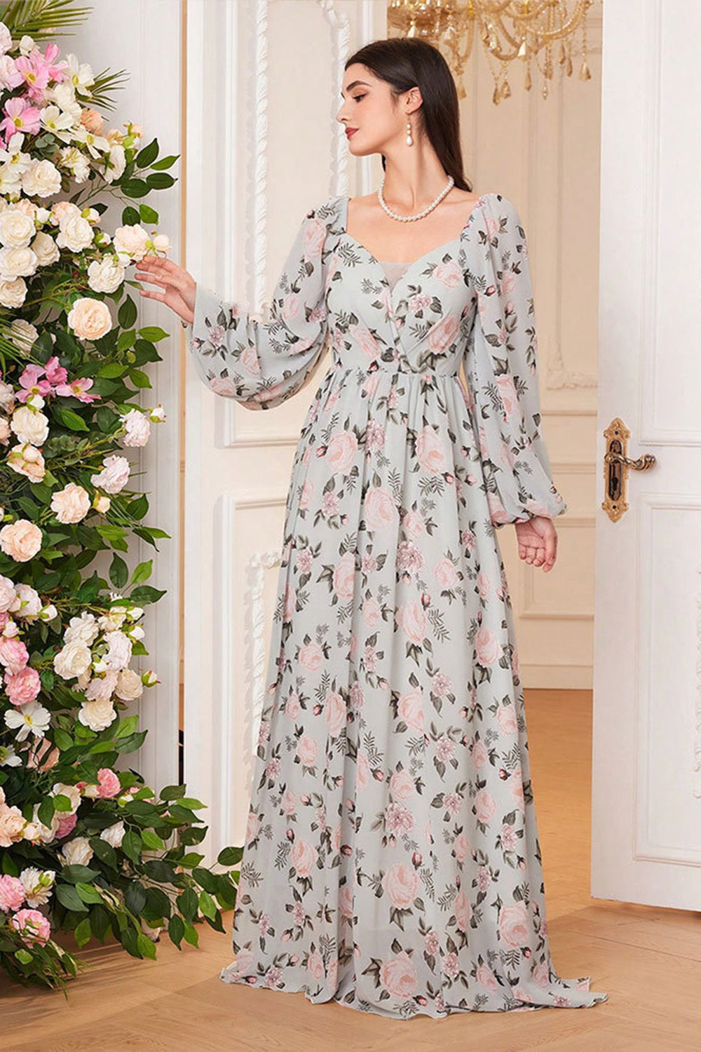 A Line Green Floral Printed Long Sleeves Wedding Guest Dress