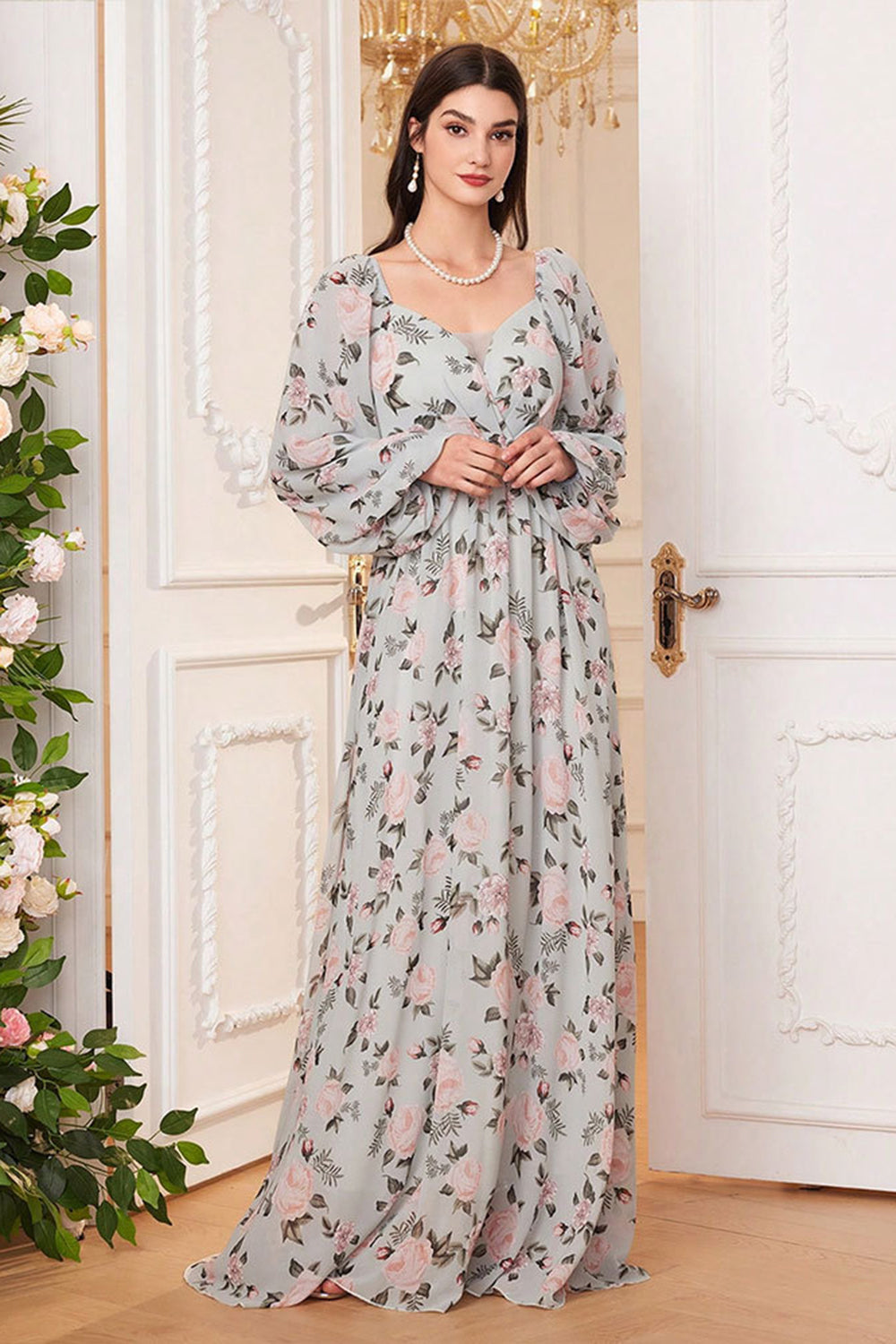 A Line Green Floral Printed Long Sleeves Wedding Guest Dress