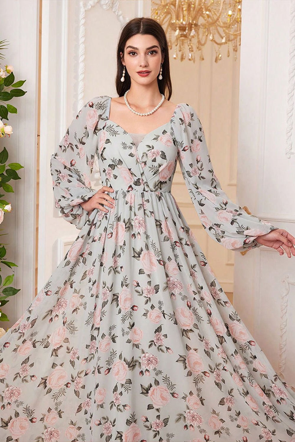A Line Green Floral Printed Long Sleeves Wedding Guest Dress