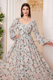 A Line Green Floral Printed Long Sleeves Wedding Guest Dress